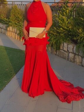Elegant Red Halter Evening Gown - Brand: